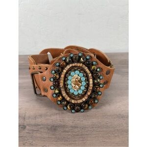 Leatherock Tan Belt with Turquoise and Gold Embellishments